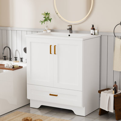 30" Bathroom Vanity with Ceramic Sink - Freestanding Vanity Cabinet with 2-Door & 1-Drawer Metal Handle,White