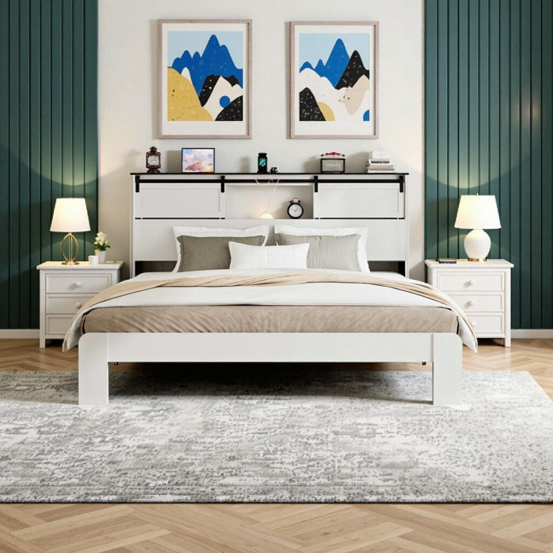 Cadre de lit blanc très grand avec station de charge USB et tête de lit de rangement - plateforme en métal robuste, aucun sommier nécessaire