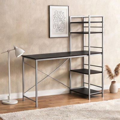 Contemporary Classic Brown Laminate Computer Desk with Steel Frame and 4 Fixed Shelves, 48 L