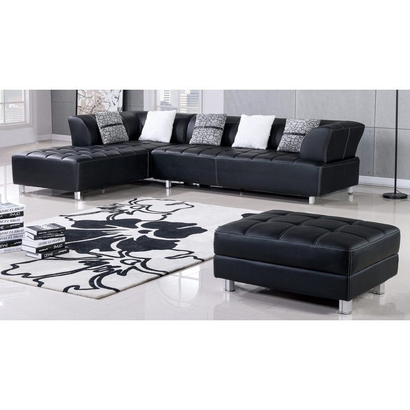 Henriquez Faux Leather L-Shaped Sectional, Black Faux Leather, Left Hand Facing