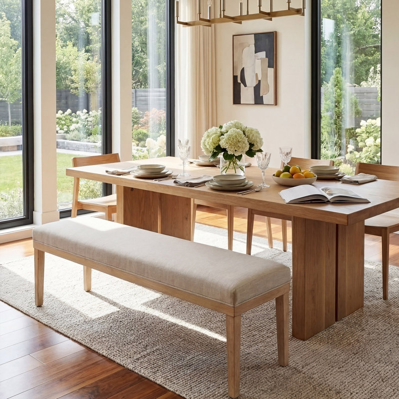 Upholstered Dining Bench Chair  With Solid Wood Legs For Dining Table, 52.8'' W Natural Linen Seat, Ivory