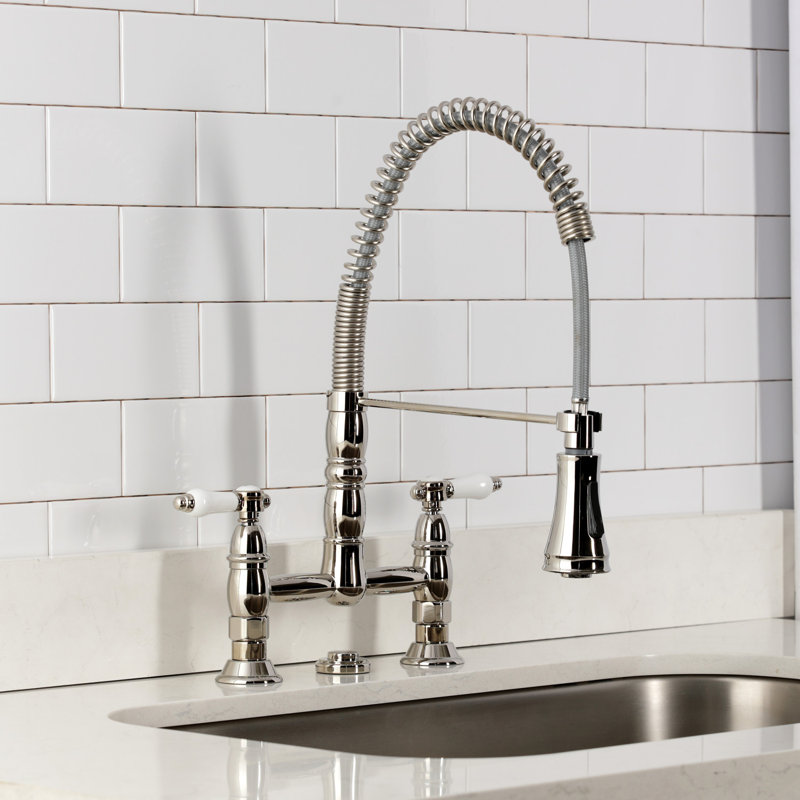 Kingston Brass Bel-Air Double-Handle 2-Hole Deck-Mount Pre-Rinse Bridge Kitchen Faucet, Polished Nickel