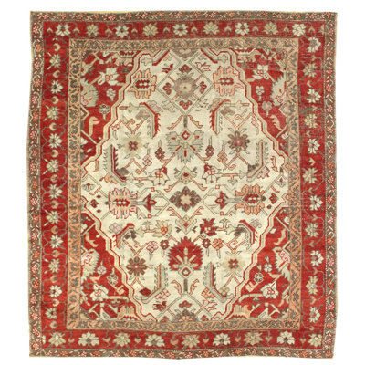 Tapis unique rouge / ivoire de 8 pi 2 po x 9 pi 8 po des années 1920