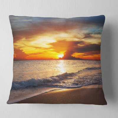 Designart Yellow Sunset over Gloomy Beach Beach Throw Pillow