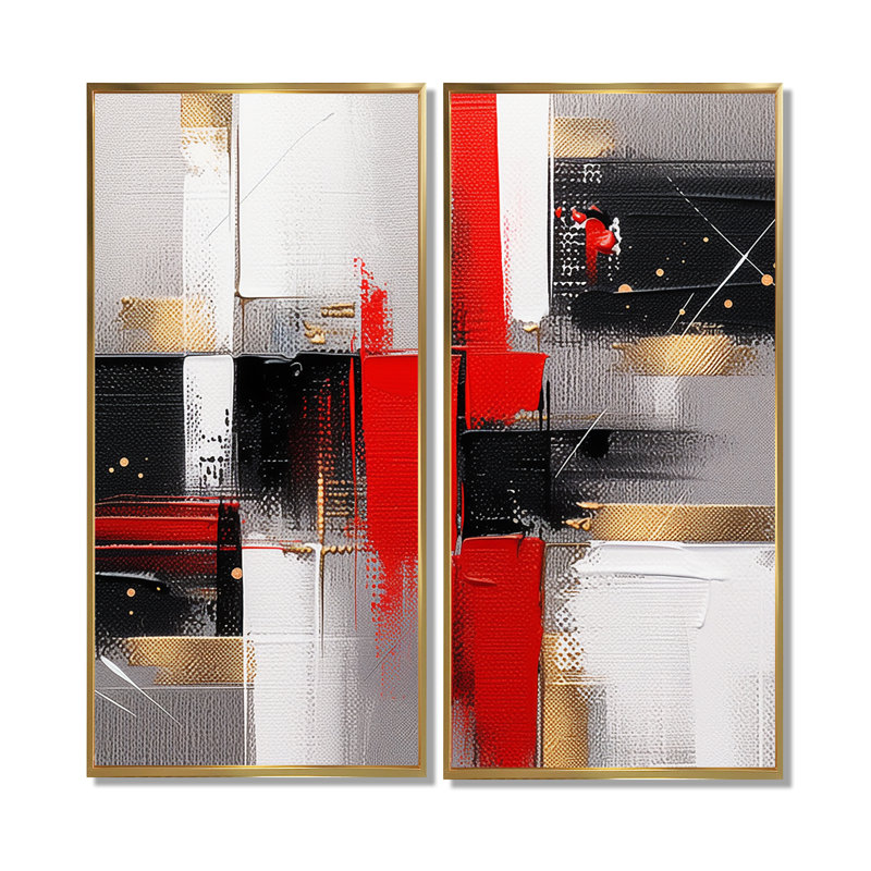 «I» - Cubisme rouge et doré, H 20 po x l 24 po, Impression encadrée flottante sans passe-partout, Doré