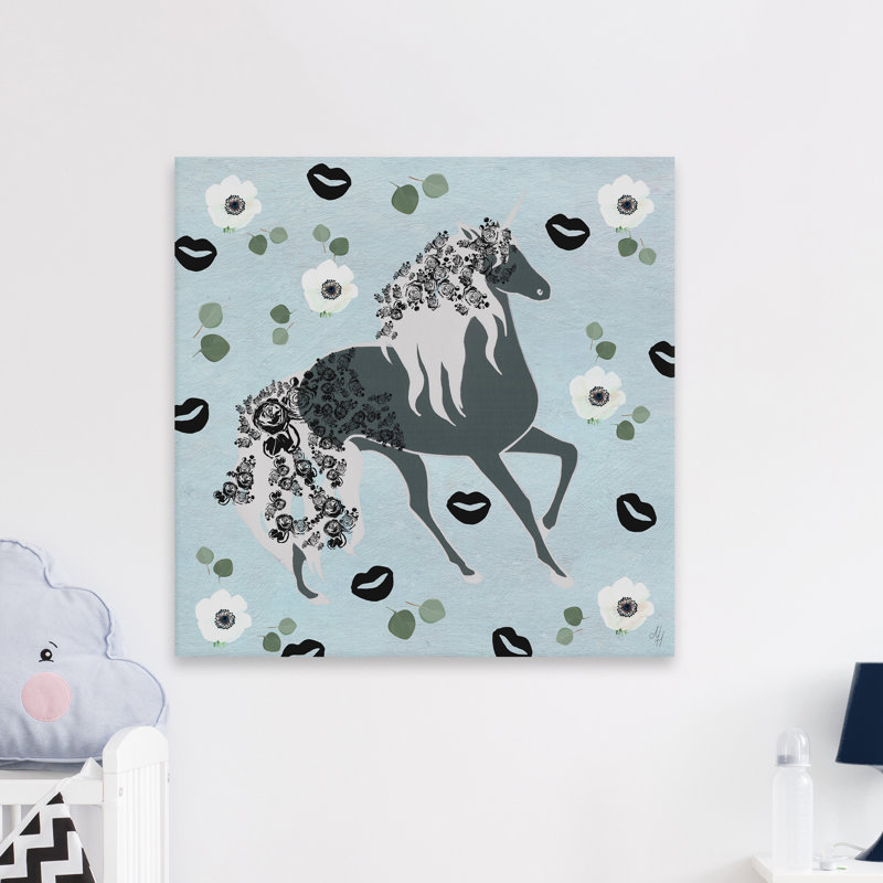 Reproduction de licorne florale noire Leonaldo sur toile tendue, H 24 po x l 24 po