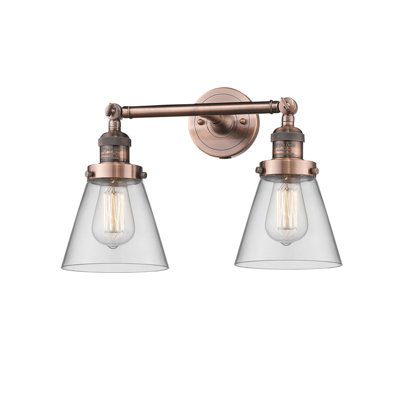 Cone 2 Light Tiltable Bath Vanity Light, 6 Watt Vinage LED Bulb, Clear, Brushed Satin Nickel