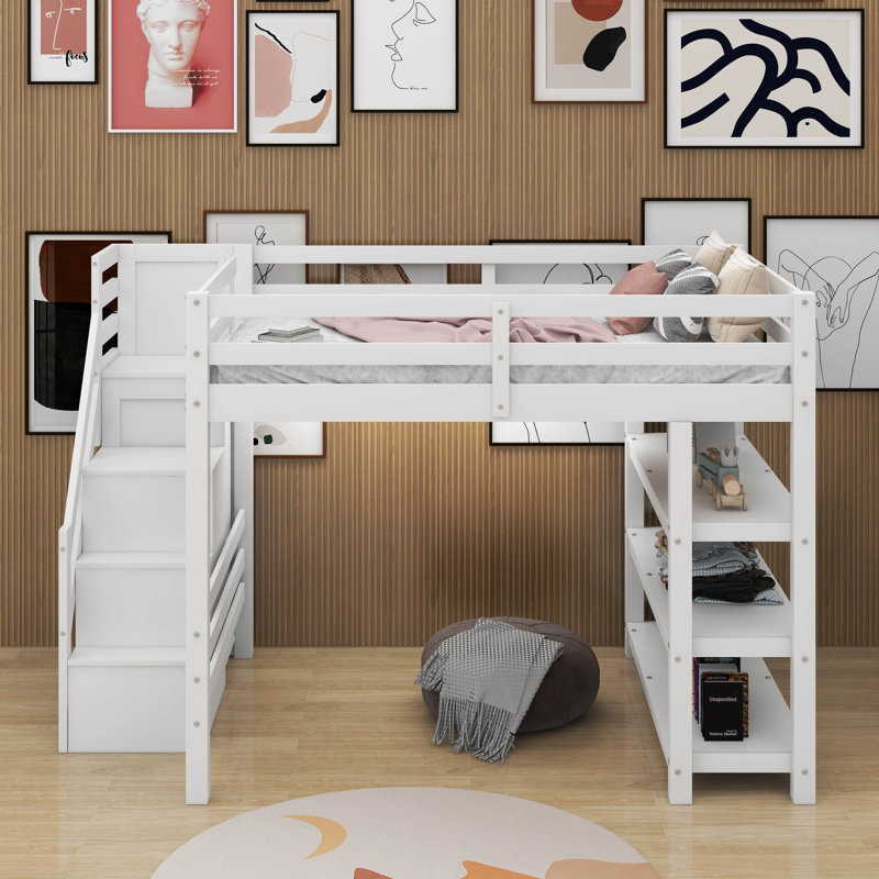 Lit mezzanine double avec tablettes, escalier de rangement et lumière DEL blanche