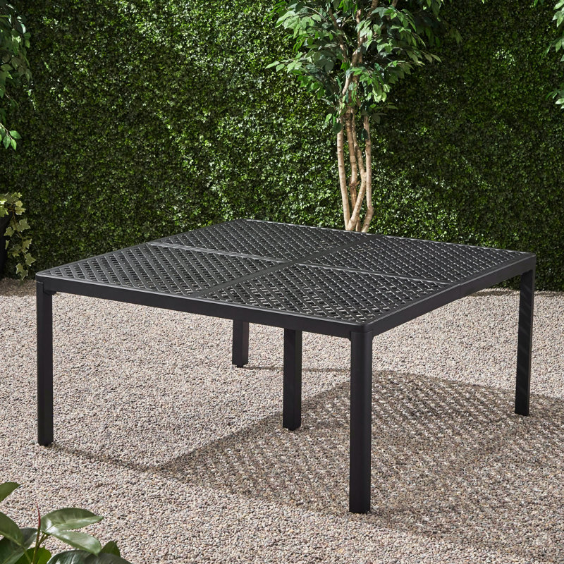 Modern Aluminum Woven Dining Table, Black Matte Antique Shade, Stable Base, 61.28”w X 61.28”d 28.99”h Table With Details, Rust- Construction, 61.28” 28.99