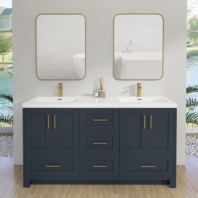 Comptoir de meuble-lavabo à double cuve 60 po avec lavabo double intégré, comptoir sans couture blanc brillant, imperméable et facile à installer, remplacement du comptoir standard à 2 lavabos