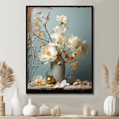 Nature morte anémone blanche dans un vase gris rétro bleu - Bouquets assortis