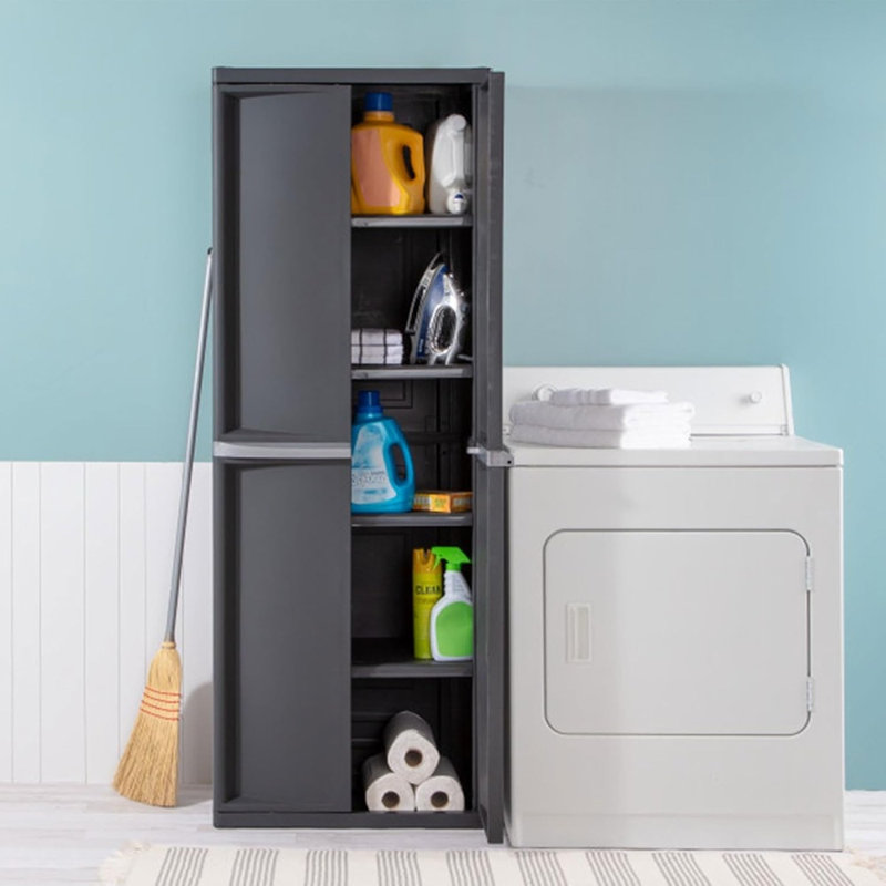 4 Shelf Cabinet, Heavy Duty And Easy To Assemble Plastic Storage Unit, Organize Bins In The Garage, Basement, Attic, Mudroom, Gray, 1-pack