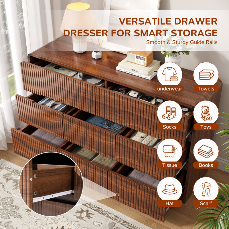 53.2" W 8 Drawer Mid-Century Modern, Wooden Double Dresser with Curved Profile, Fluted Design and Large Capacity Storage					