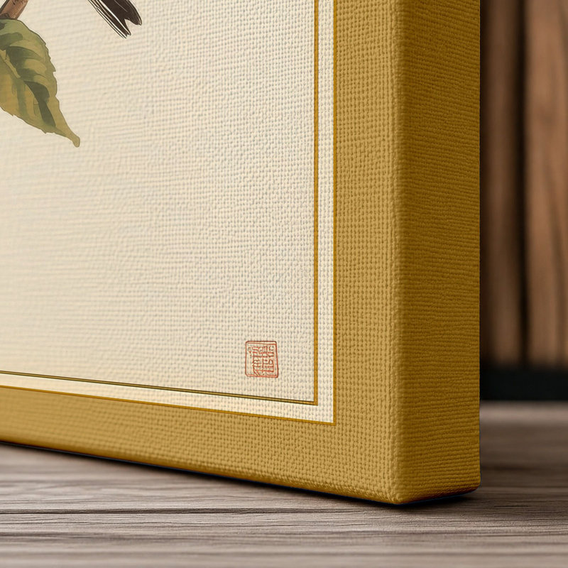 Robin on Blossom Botanical - Wrapped Canvas, 24x16 - 61.0 x 40.6 cm, Ochre Border