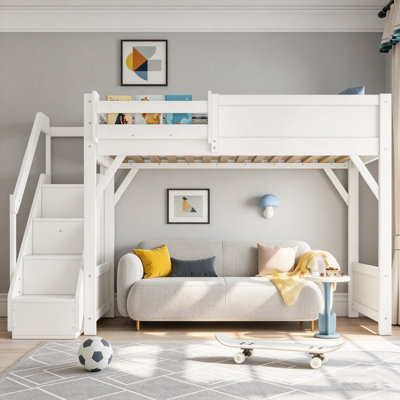 Lit mezzanine en bois, cadre de lit robuste avec escalier de rangement et barrière de sécurité, lit mezzanine en bois pour enfants, cadre de lit robuste, lit multifonctionnel, aucun sommier nécessaire, cadre de lit garde-corps haut pour chambre d'enfant