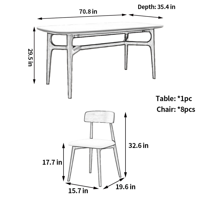 Family warm dining table and chair, 9 Piece
