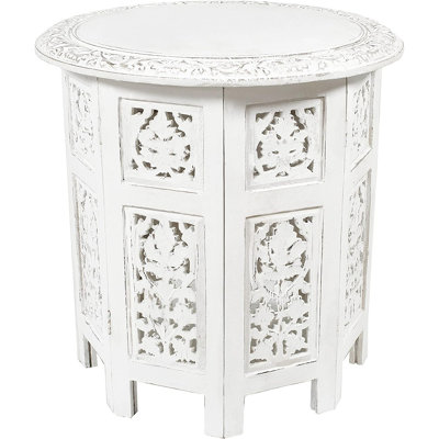 Jaipur Antique White Round Accent End Table – Hand-Carved Solid Wood Folding Side Table