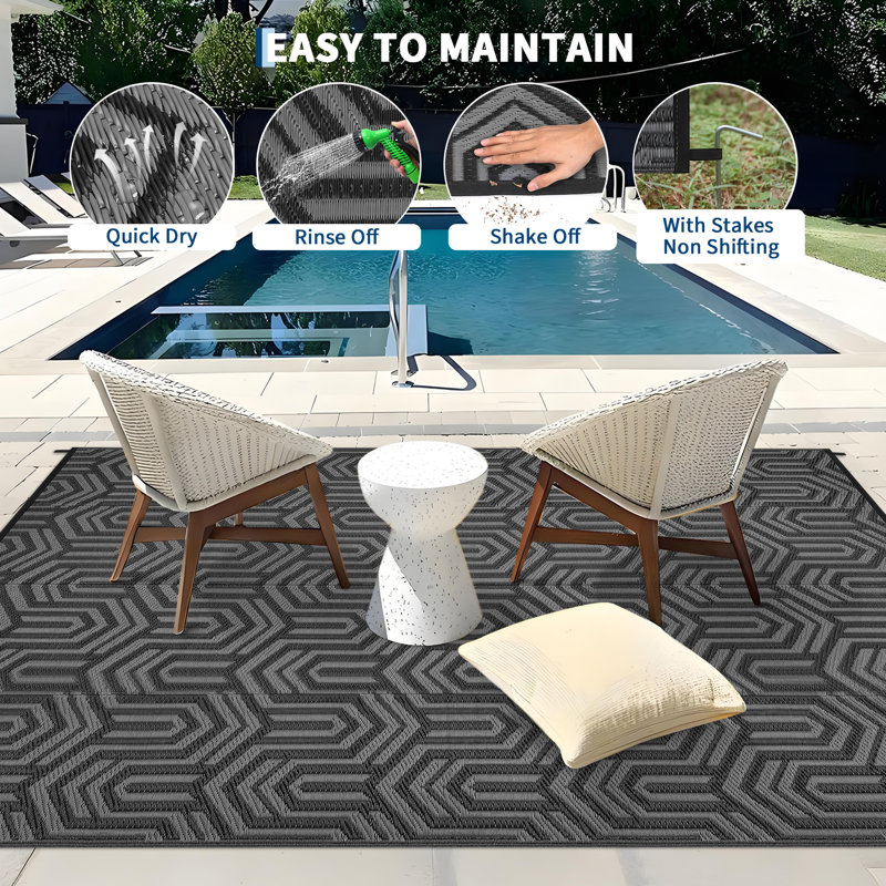 Reversible & Collapsible Outdoor Plastic Area Rug - Modern Abstract Low-Pile Carpet, Mark Resistant, Easy Clean for Patio, Camping, Picnic, RV