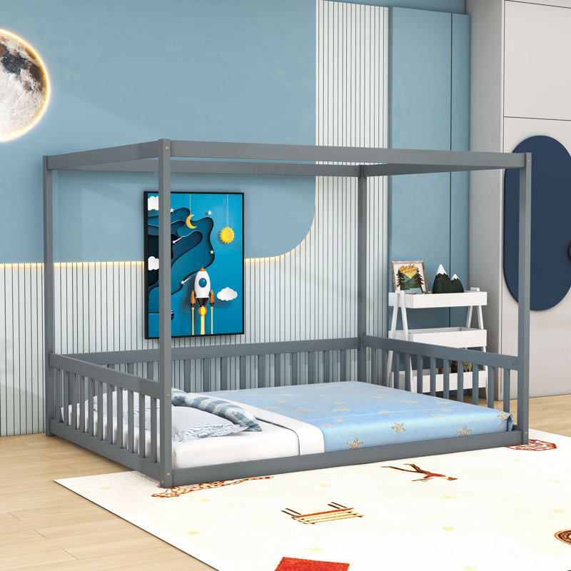 Wood Canopy Floor Bed With Guardrails, Grey, Full