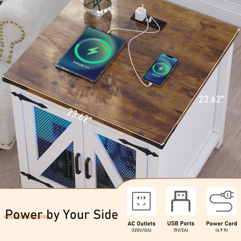 Tables de chevet en bois Kerra avec lumières DEL et ports USB, Blanc / brun