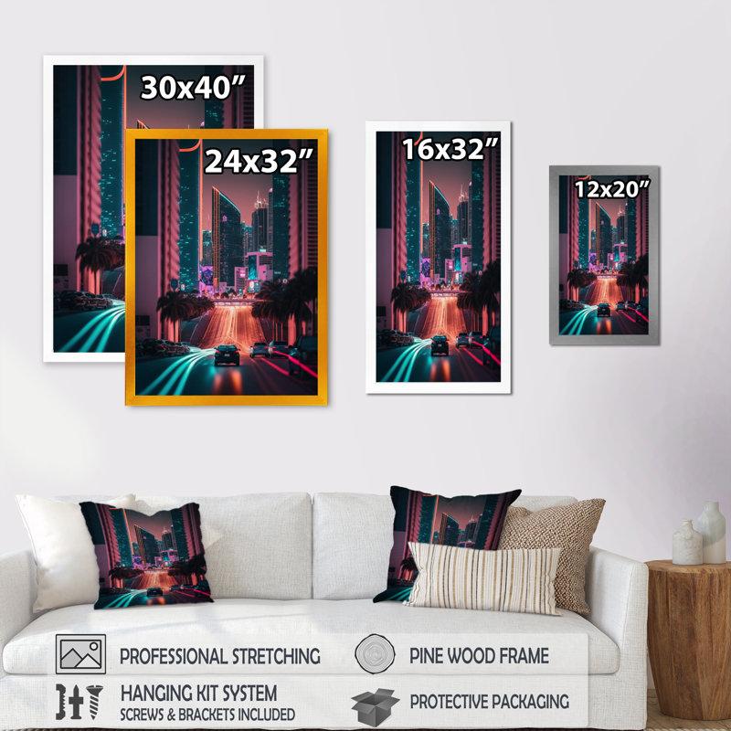 «Futuristic Miami Neon Art I», reproduction sur toile, H 40 po x l 30 po x P 1,5 po, Cadre noir