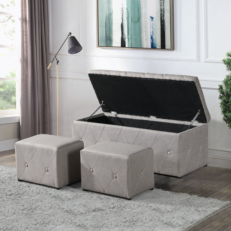 Ensemble de 1 repose-pieds rectangulaire en tissu avec rangement et 2 repose-pieds (beige)