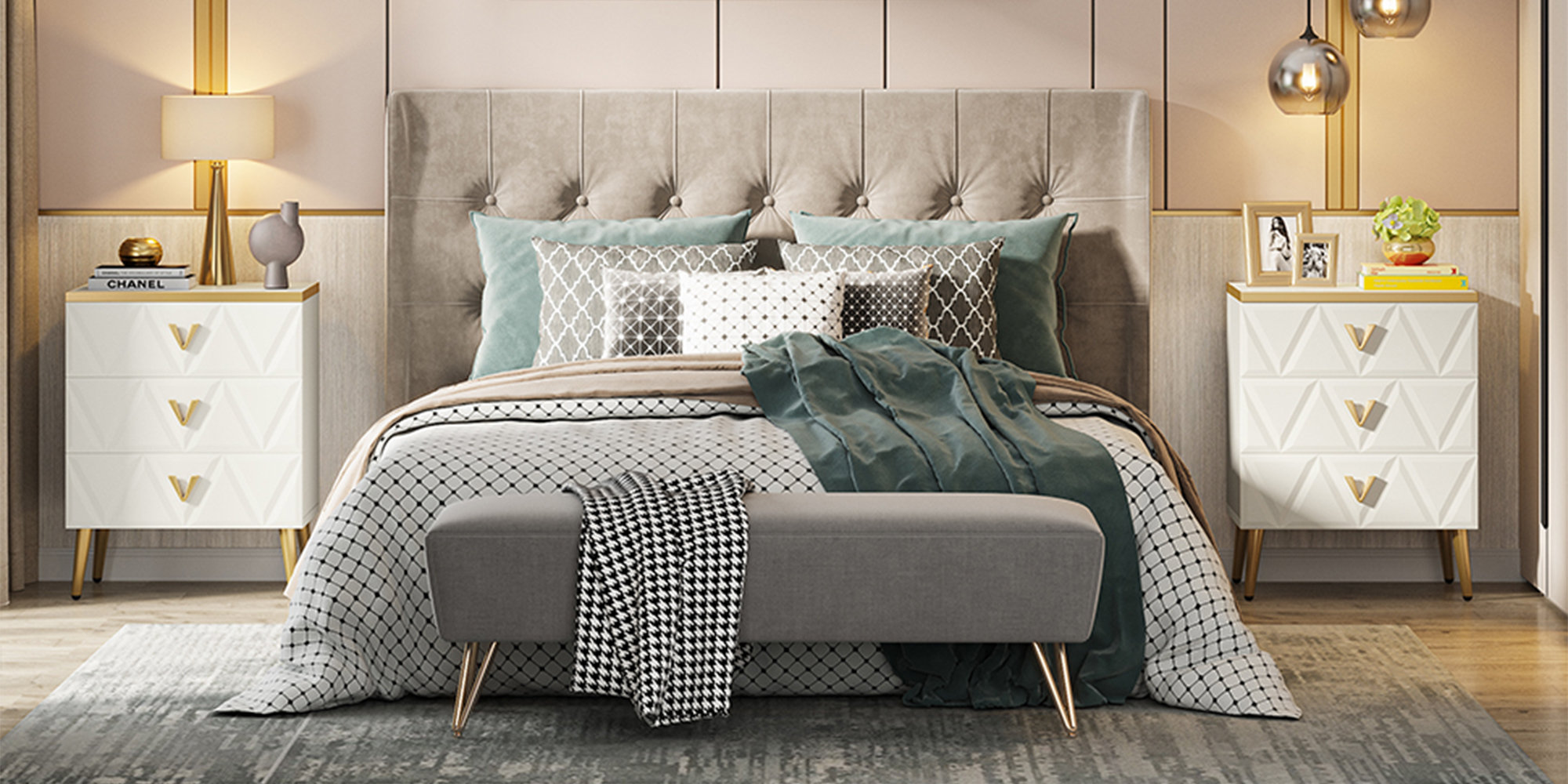 Mercer41 White and Gold Nightstand with 3Drawers & Reviews