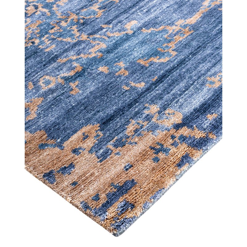 Luxurious Blue Hand-Knotted Silk Rectangular Area Rug