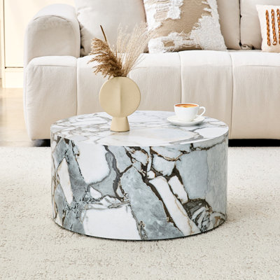 A simple white marble textured cylindrical coffee table, 23.6 inches in diameter x 11.8 inches in height, MDF material living room furniture. Suitable