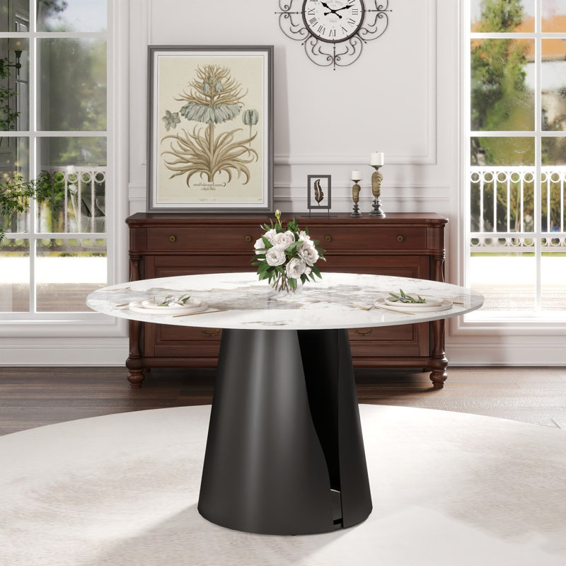 Table de salle à manger moderne 53,15 po en pierre artificielle noire et ronde en acier au carbone pouvant accueillir 6 personnes