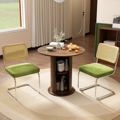 3-piece Round Pedestal Tal Dining Set With Cane Back Cantilever Chairs