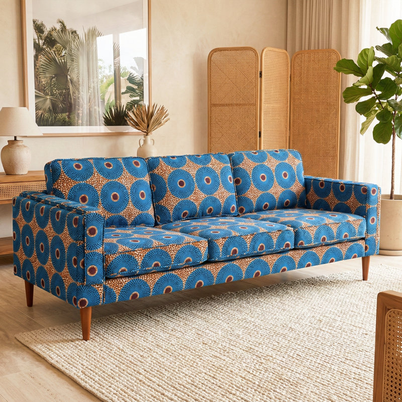 Canapé rembourré de style Mid-Century, tissu à motif géométrique circulaire bleu audacieux, pieds en bois massif, canapé de salon spacieux (3 places)