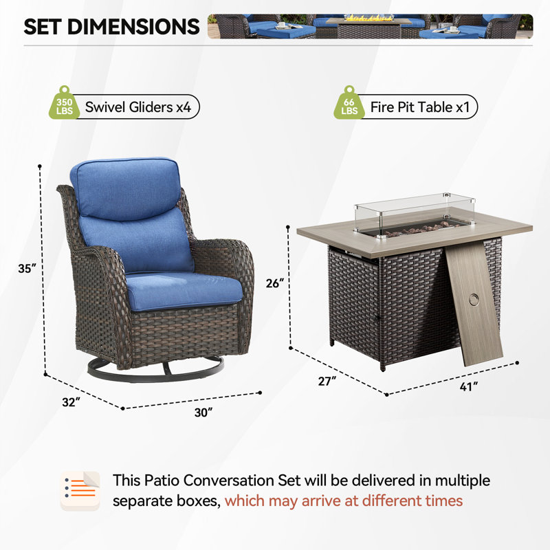 Smile 5 - Piece Outdoor Seating Group With Firepit Table With Cushions, Blue, Brown