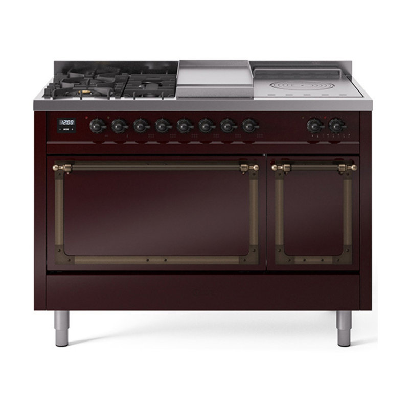 ILVE Nostalgie II Noblesse 48 in Dual Fuel Range, 5 Burner, Griddle, Frenchtop, Burgundy/Burnished, Natural Gas