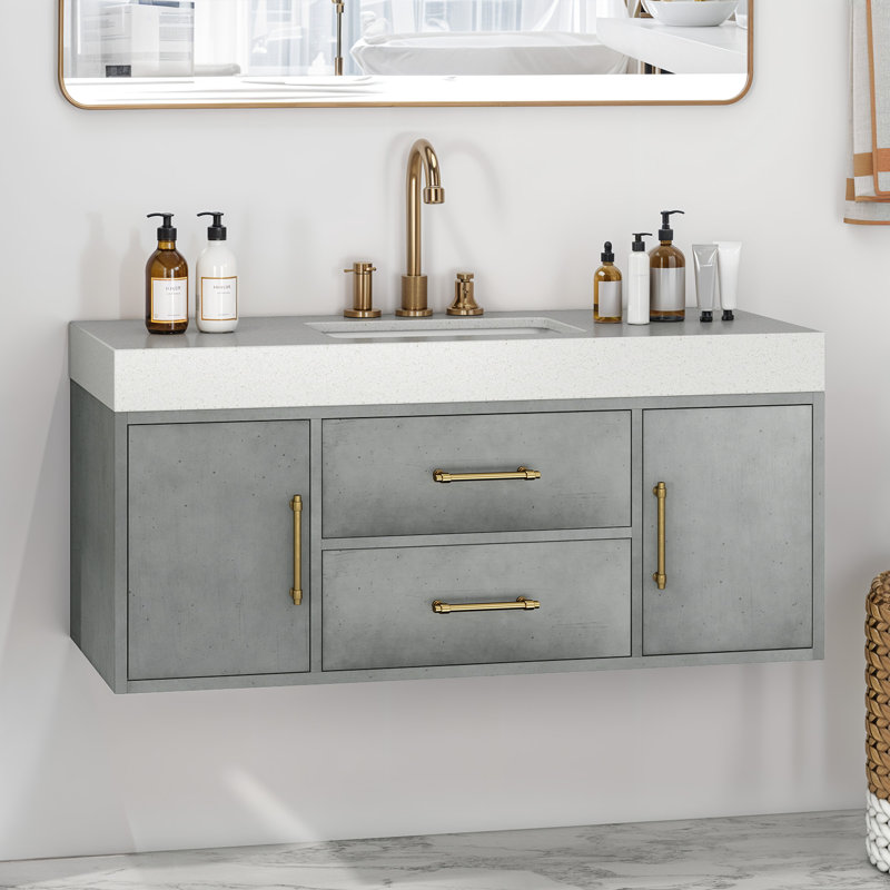 Meuble-lavabo mural 48 po avec comptoir en pierre de quartz et lavabo en céramique Balconera, Gris