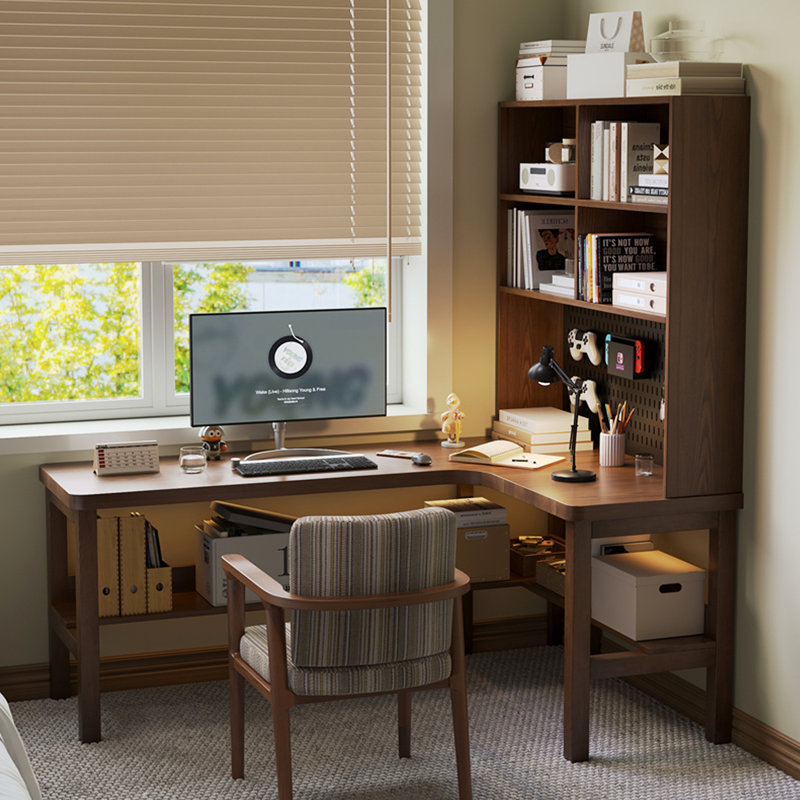 Bureau en L en bois massif avec bibliothèque intégrée, H 72,83 po x l 55,12 po x P 47,24 po