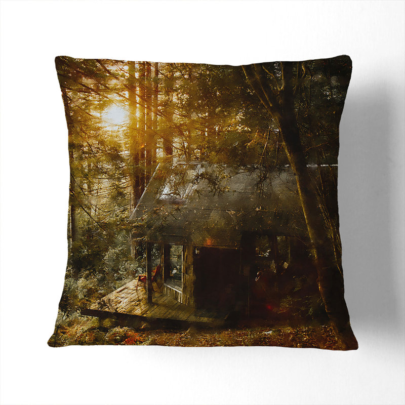 Cabin In The Forest Painting Square Throw Cushion, 40cm H x 40cm W x 15cm D, Stone