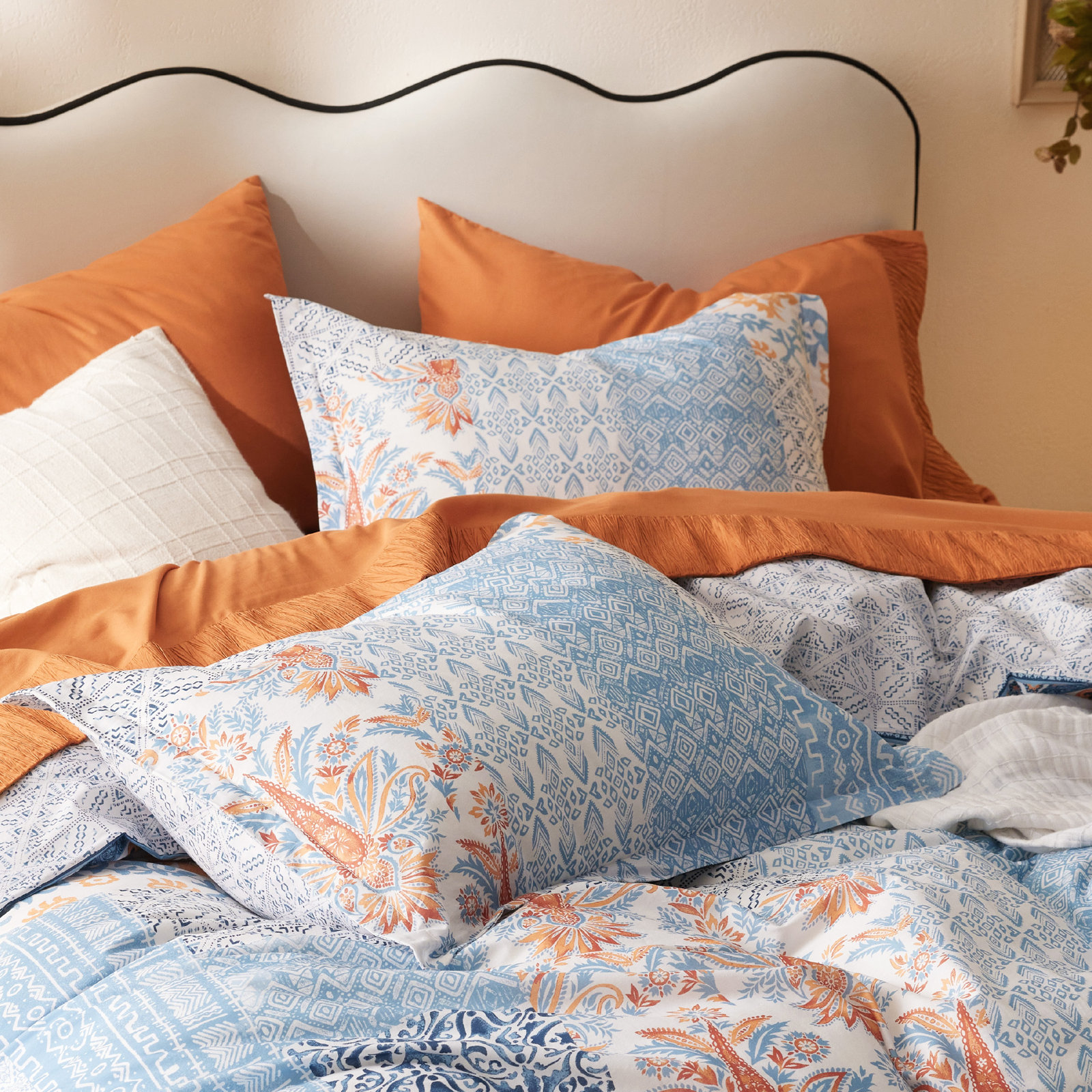 Cotton Duvet Cover Set, King Duvet Cover + 2 King Shams, Blue/Orange Damask