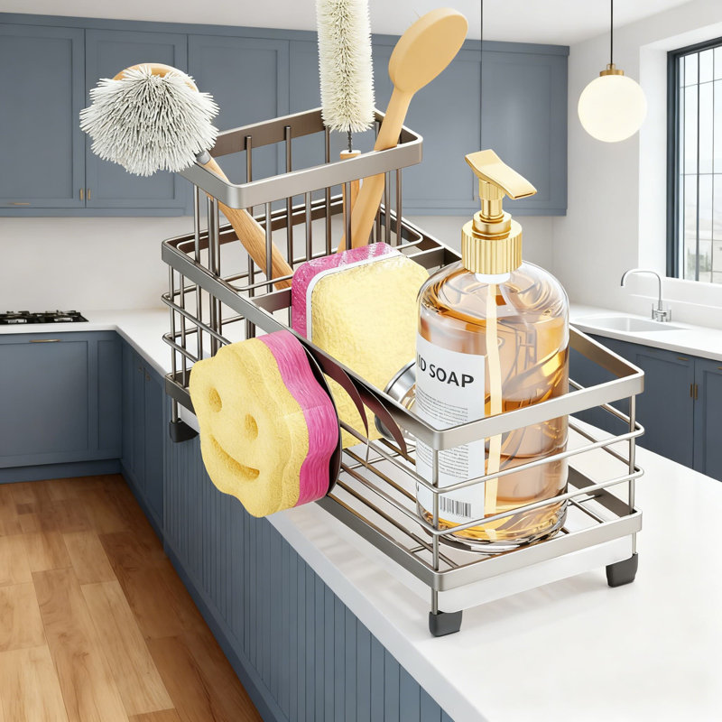 Porte-éponge pour évier avec surface Smiley, drainage rotatif à 360 ° et porte-brosse amovible, organisateur d'évier de cuisine en acier inoxydable pour comptoir