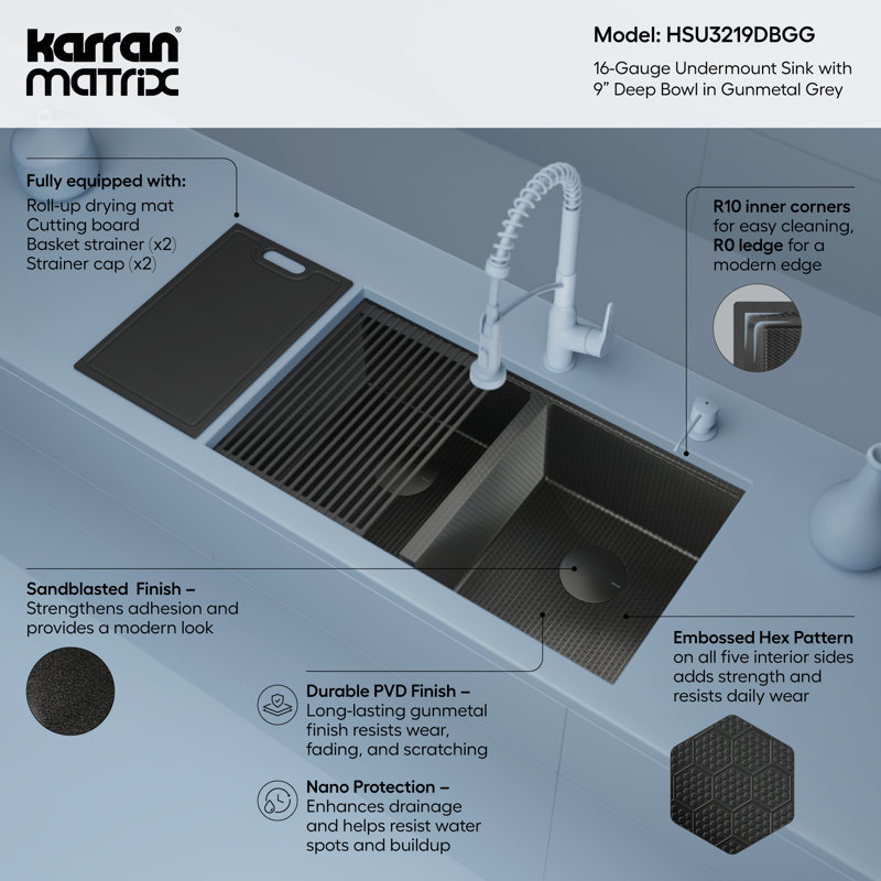 Karran Matrix 32" Undermount Workstation 16 Gauge Double Bowl Stainless Steel Kitchen Sink in Gunmetal Grey with Accessories