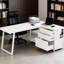 Bureau blanc multifonctionnel en forme de L pour la maison et le bureau. Peut servir de table d'ordinateur ou de table d'étude. Comprend 2 petits tiroirs, 1 grand tiroir et des tablettes ouvertes. Son assise en L réversible offre un espace de travail généreux.