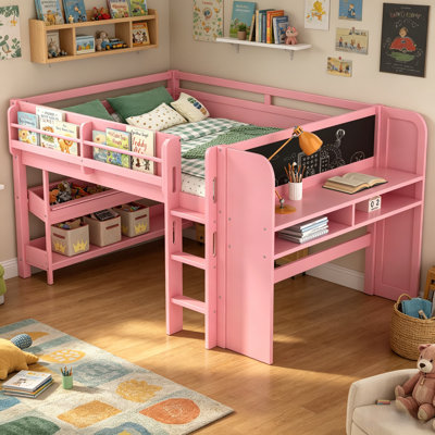 Full Size Kids Low Loft Bed with Desk and Blackboard & Storage Shelves, Solid Pine Wood Loft Bed Frame with Ladder and Guardrails, No Box Spring Needed, Pink