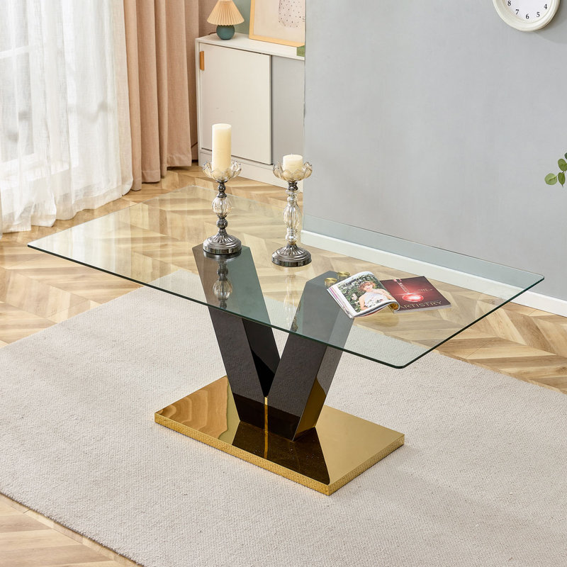 Table de salle à manger rectangulaire en verre, plateau en verre trempé, support en forme de V, L 71 po x l 39,37 po, 30"