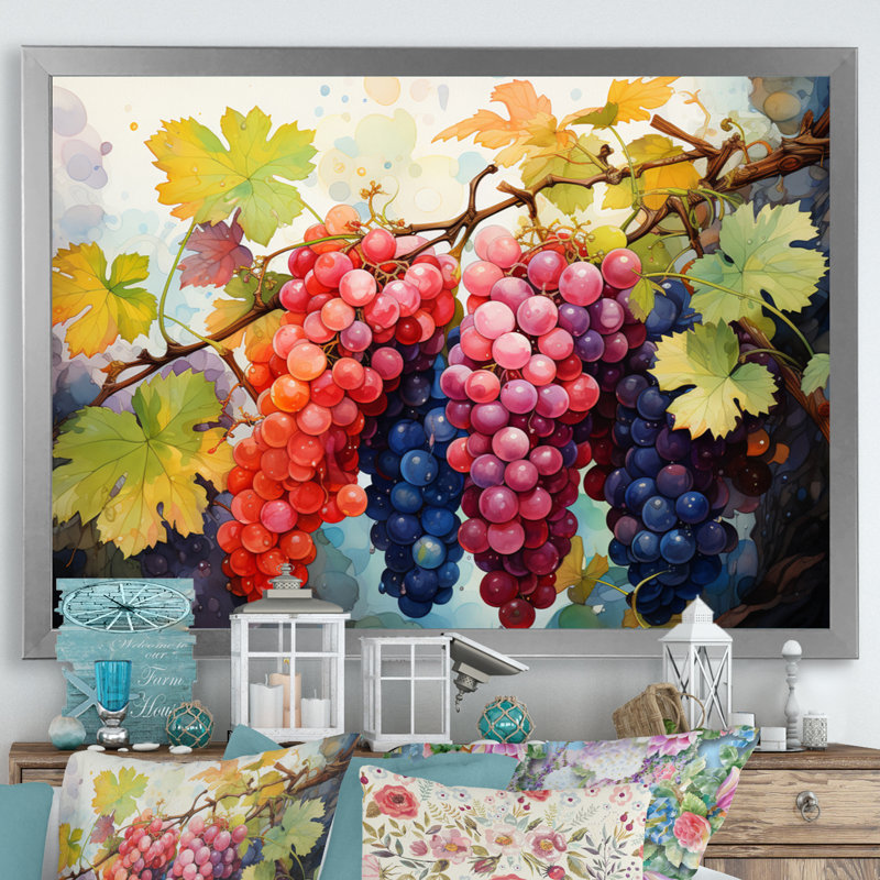 Rose, mauve, raisin, vignes, pointillisme - impression, Cadre simple argenté, H 34 po x l 44 po x P 1,5 po