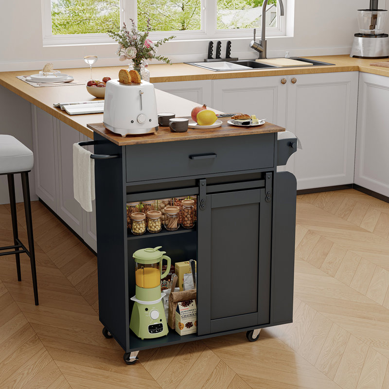  31.5"Rolling Kitchen Island with Storage and Charging Station, Black