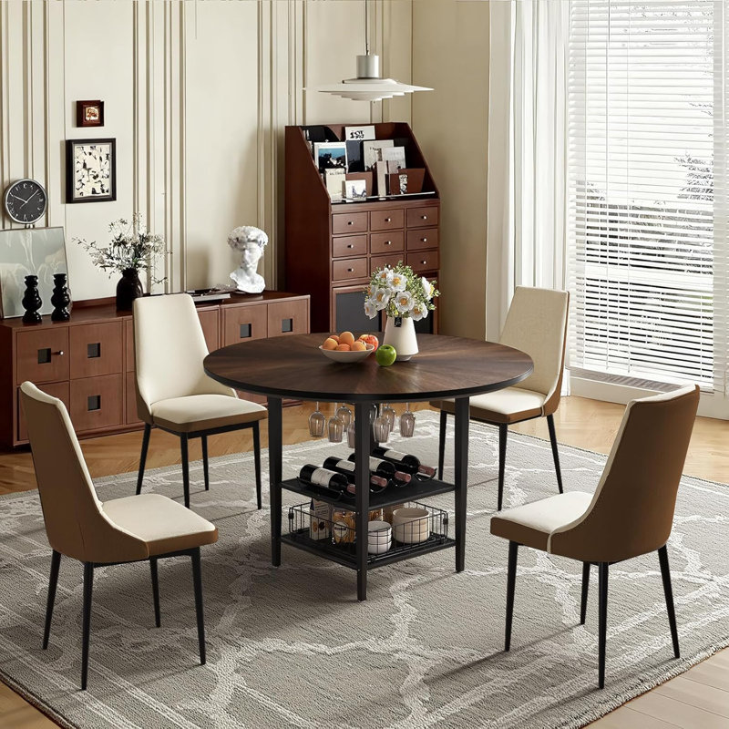 47" Round Walnut Dining Table Set, 5-Piece Modern Kitchen Table Set For 4-6 People, Real Wood Veneer Top With Storage Shelf & Steel Legs, Includes 4 Upholstered Chairs For Dining Room Or Kitchen