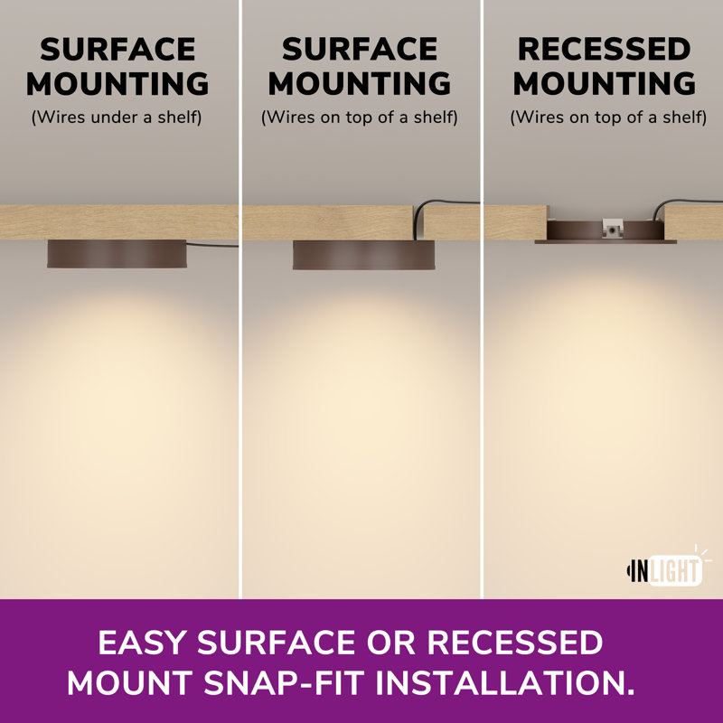 Inlight 2.75" Wide 3000K Dimmable LED Puck Lights Kit, Plug-in Installation with recessed or Surface Mounted, Bronze Finished, Set of 3, IN-0102-3-BZ