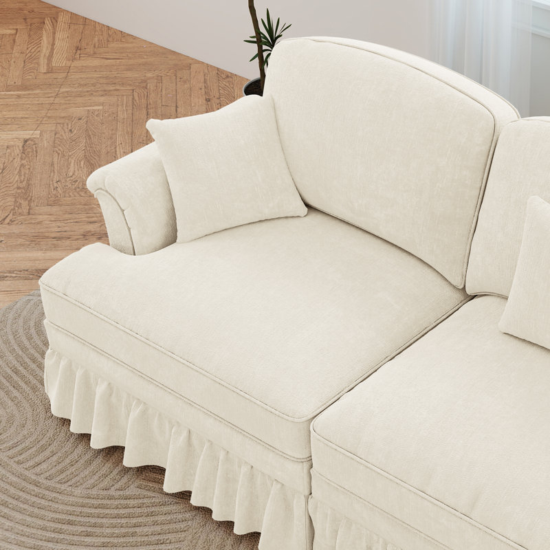 Mid Century Upholstered Loveseat,Three Seater Sofa Couch With Flared Arms And Removable Ruffles Pleats Skirts, Beige