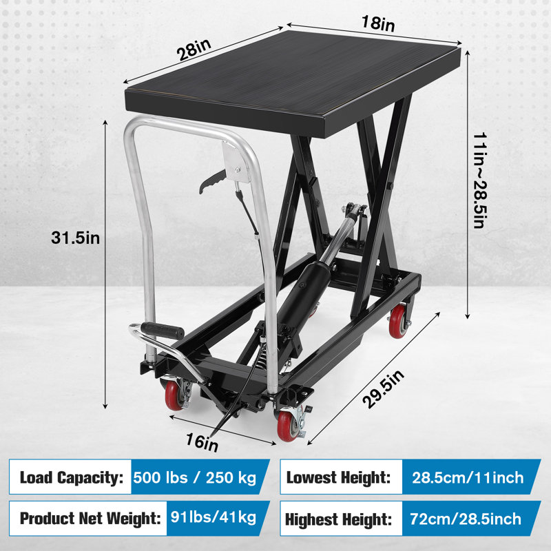 Table élévatrice à ciseaux hydraulique 300 lb / 500 lb avec hauteur réglable jusqu'à 28,5 po, plateforme en acier antirouille avec roues verrouillables