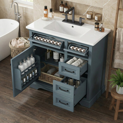 36" Modern Single Bathroom Vanity with Ceramic Sink, 2 Tip Out Drawers, Soft Close Doors, Freestanding Design